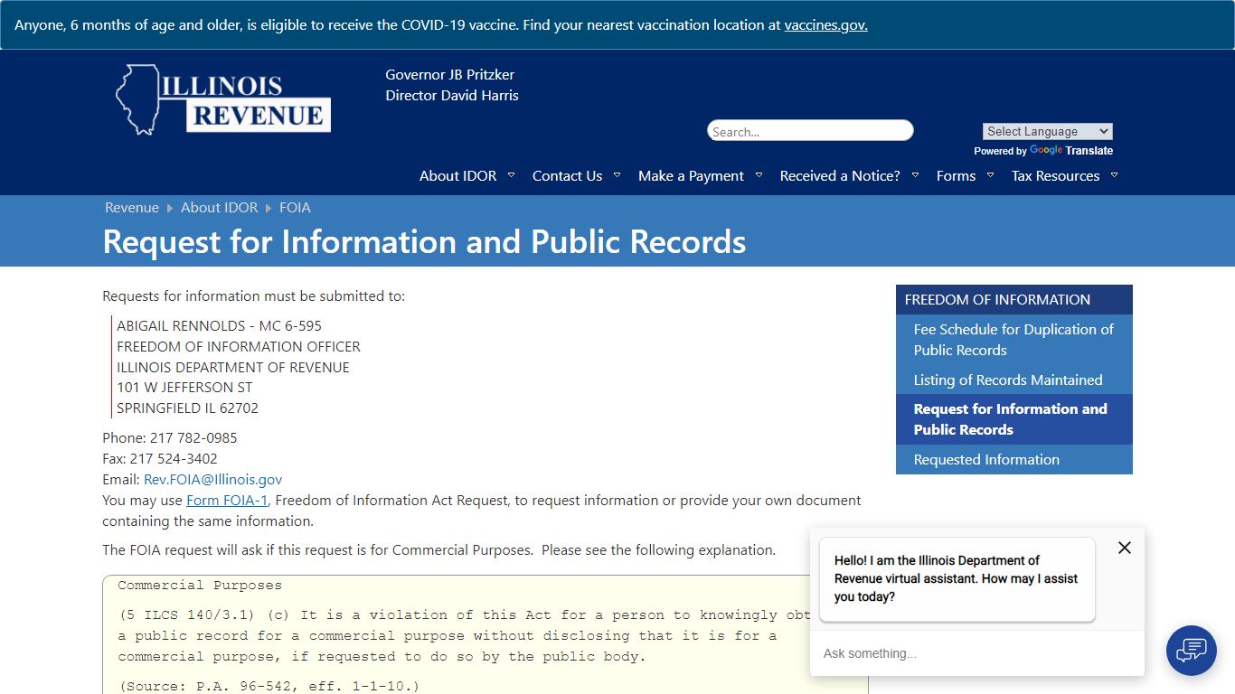 Request for Information and Public Records - FOIA - Illinois